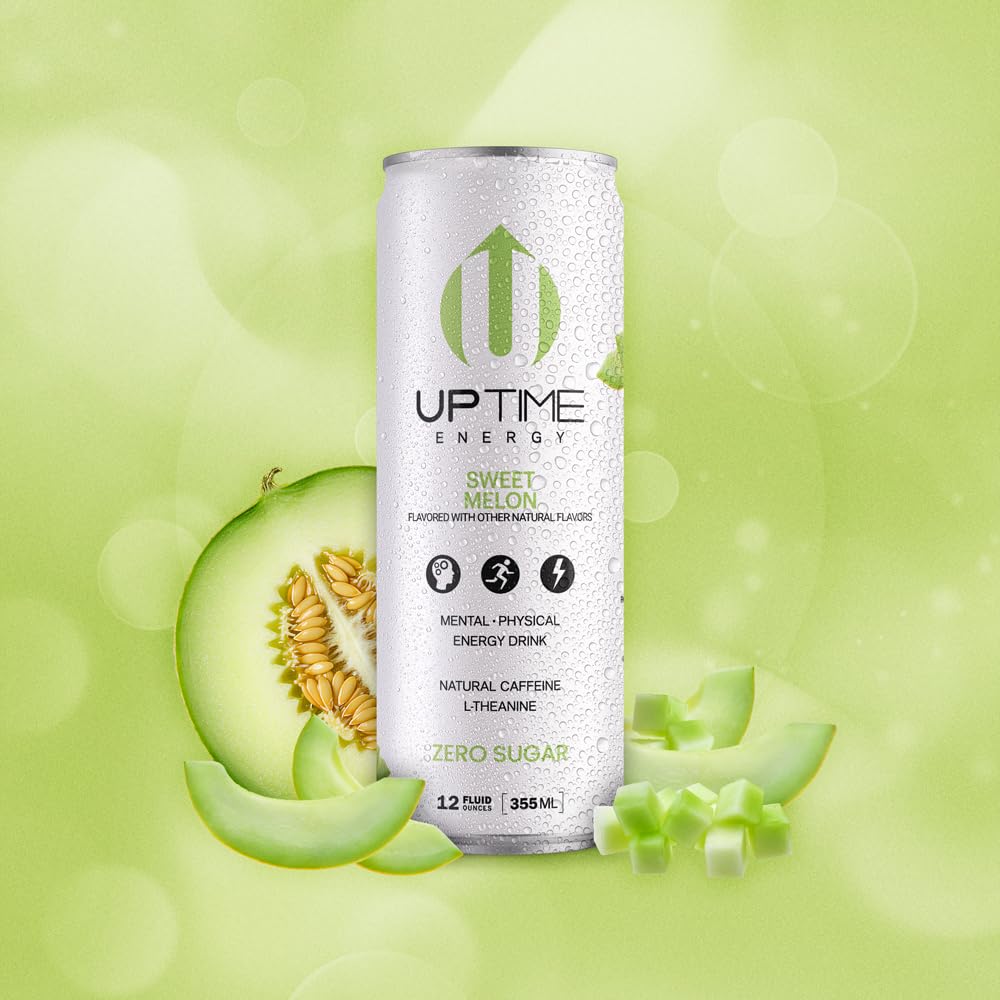 UPTIME Energy Drink - Sweet Summer Melon, 12 Fl Oz Cans, 12 Pack, Sugar Free, 142mg Caffeine, Focus Support