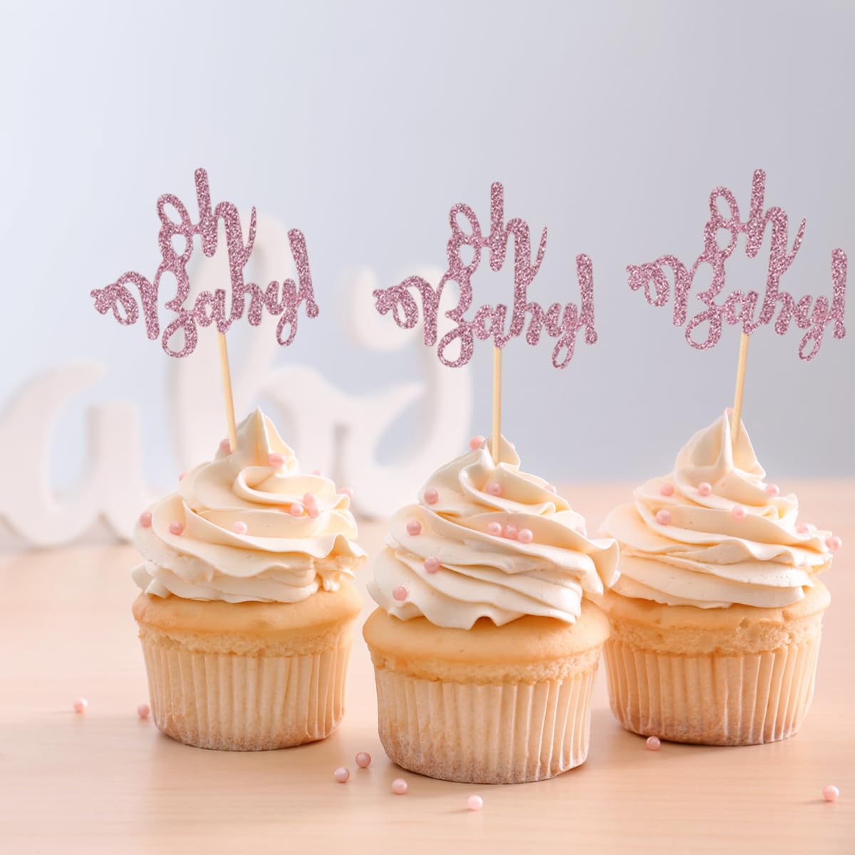 Donoter 48 Pcs Pink Glitter Oh Baby Cupcake Topper Picks For Baby Shower Gender Reveal Party Cake Decorations