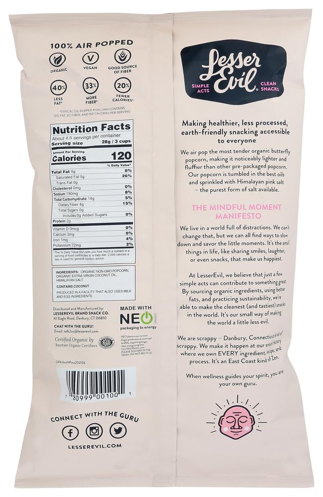 Lesser Evil, Buddha Bowl, Organic Popcorn, Himalayan, 5-Ounce Bag (Pack Of 3) (Choose Flavor Below) (Himalayan Pink Salt)