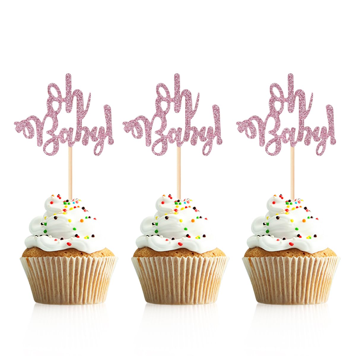 Donoter 48 Pcs Pink Glitter Oh Baby Cupcake Topper Picks for Baby Shower Gender Reveal Party Cake Decorations