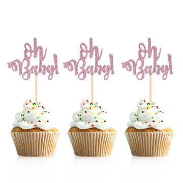 Donoter 48 Pcs Pink Glitter Oh Baby Cupcake Topper Picks for Baby Shower Gender Reveal Party Cake Decorations