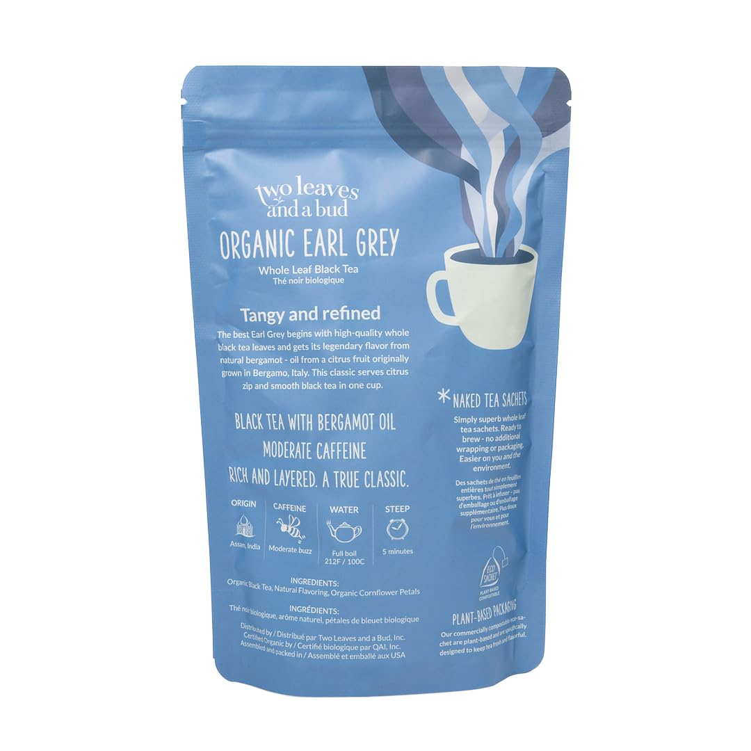 Two Leaves and a Bud Organic Earl Grey Tea Sachets, Whole Leaf Black Tea, 50 Count, Eco-Friendly Compostable Packaging