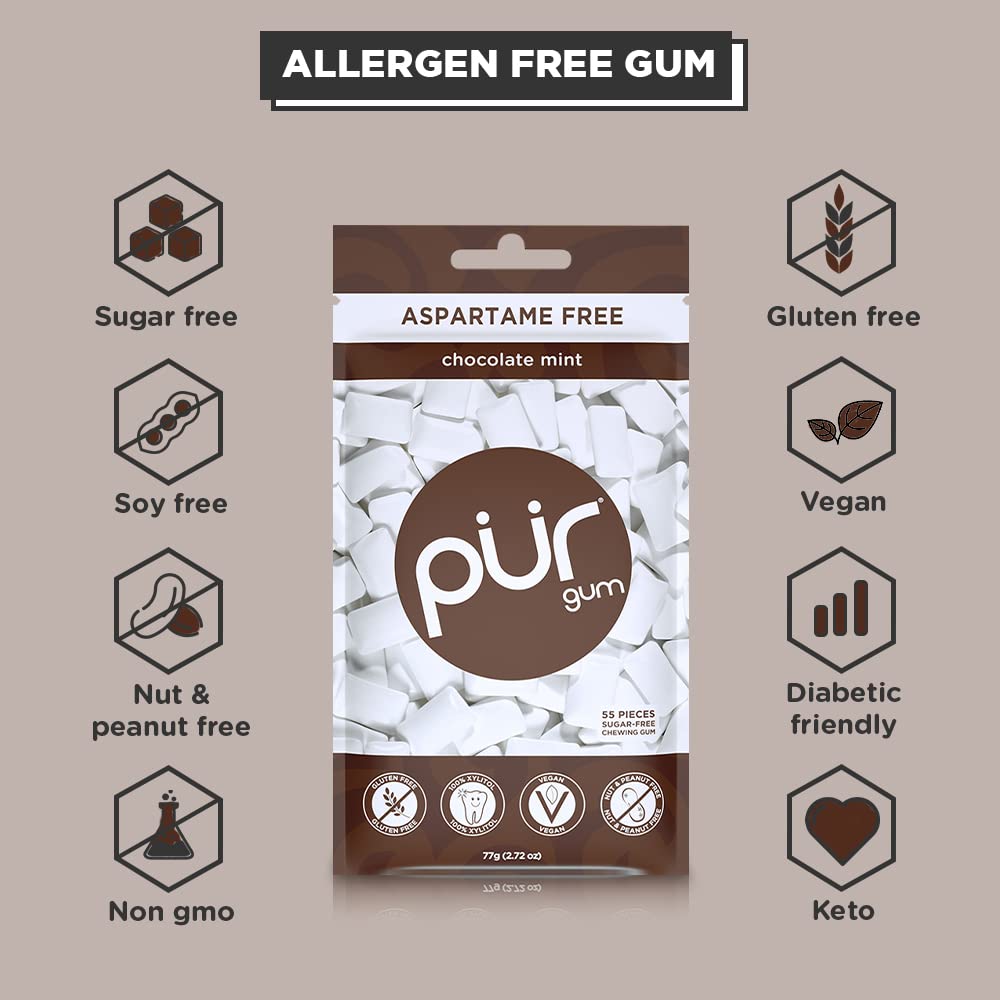 Pur Gum | Aspartame Free Chewing Gum | 100% Xylitol | Natural Chocolate Mint Flavored Gum, 55 Pieces (Pack Of 3)