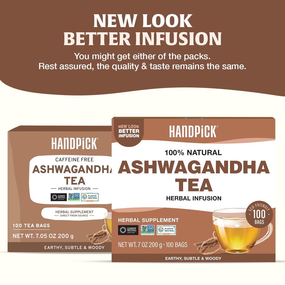 HANDPICK  Ashwagandha Root Tea (100 tea Bags) - Herbal dietary product - For Health & Wellbeing - With Antioxidants & Minerals - Caffeine Free  Gluten Free  Packed in Ecofriendly Tea Bags