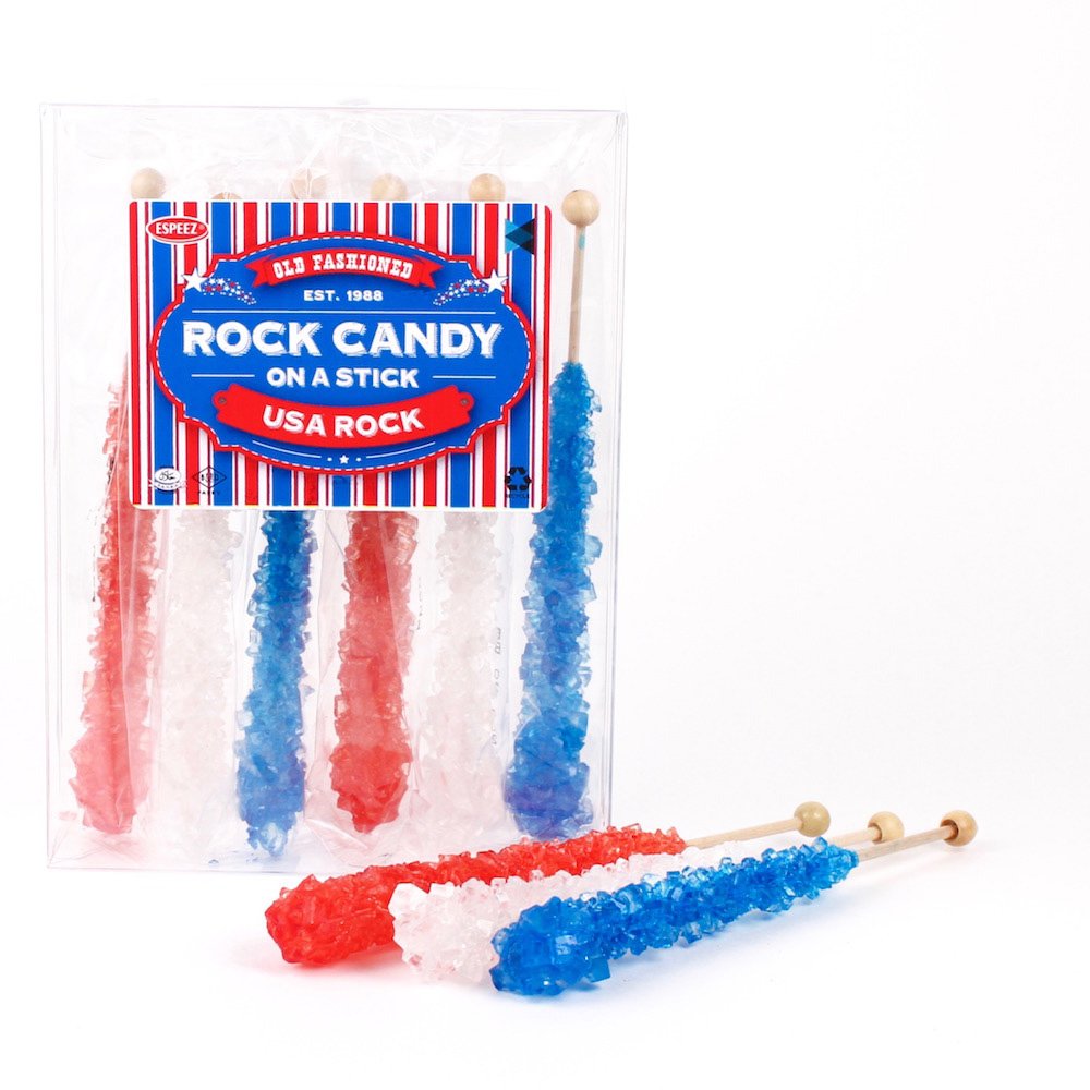 Espeez Extra Large Rock Candy Sticks - 6 Count - Red, White, Blue - Individually Wrapped for Candy Buffets, Birthdays, Weddings