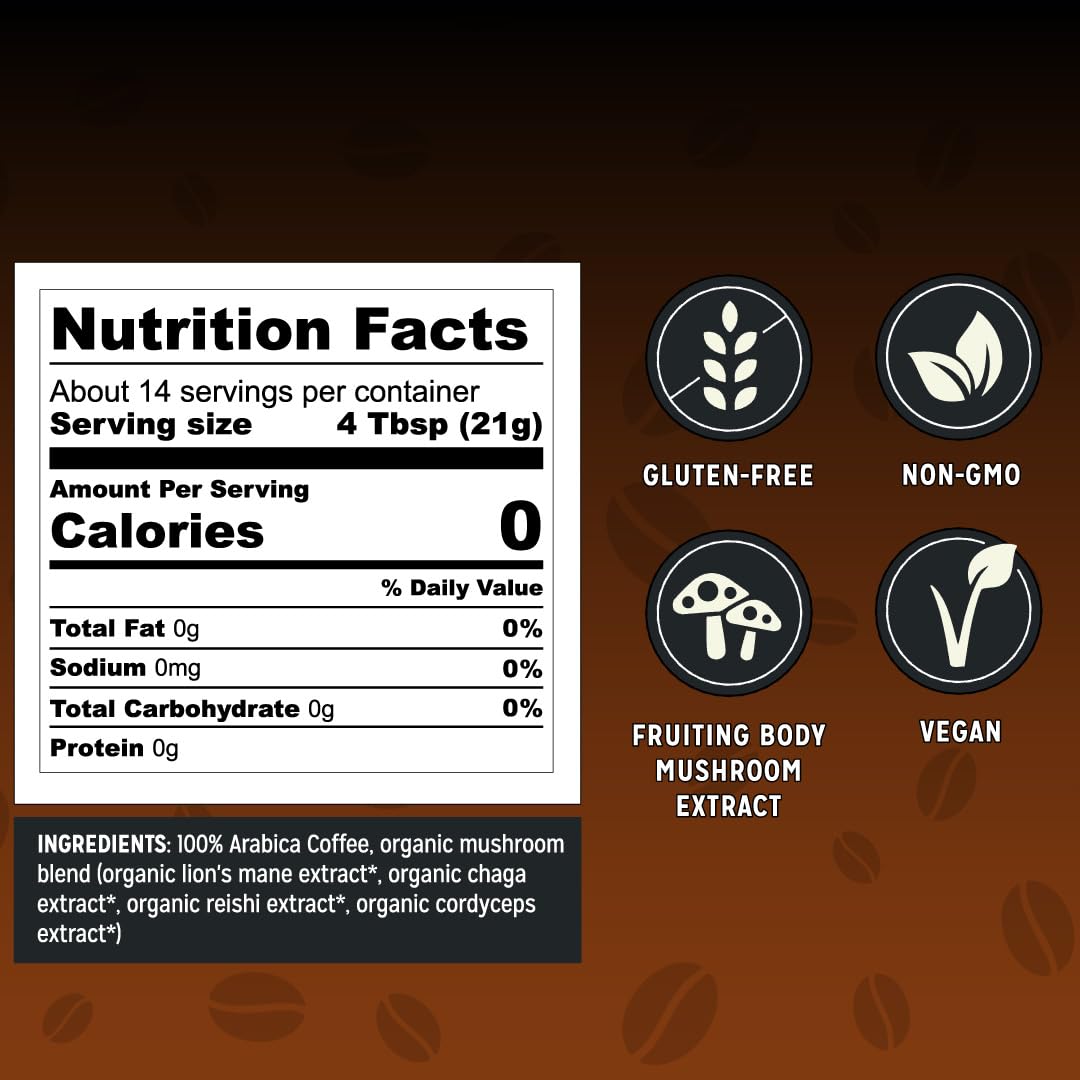 Bones Coffee Company Better Brain Mushroom Coffee Medium Roast Low Acid Arabica Coffee with Mushroom Blend for Energy  Focus  Digestion and Immunity Support  Vegan & Keto-Friendly  10 oz Ground