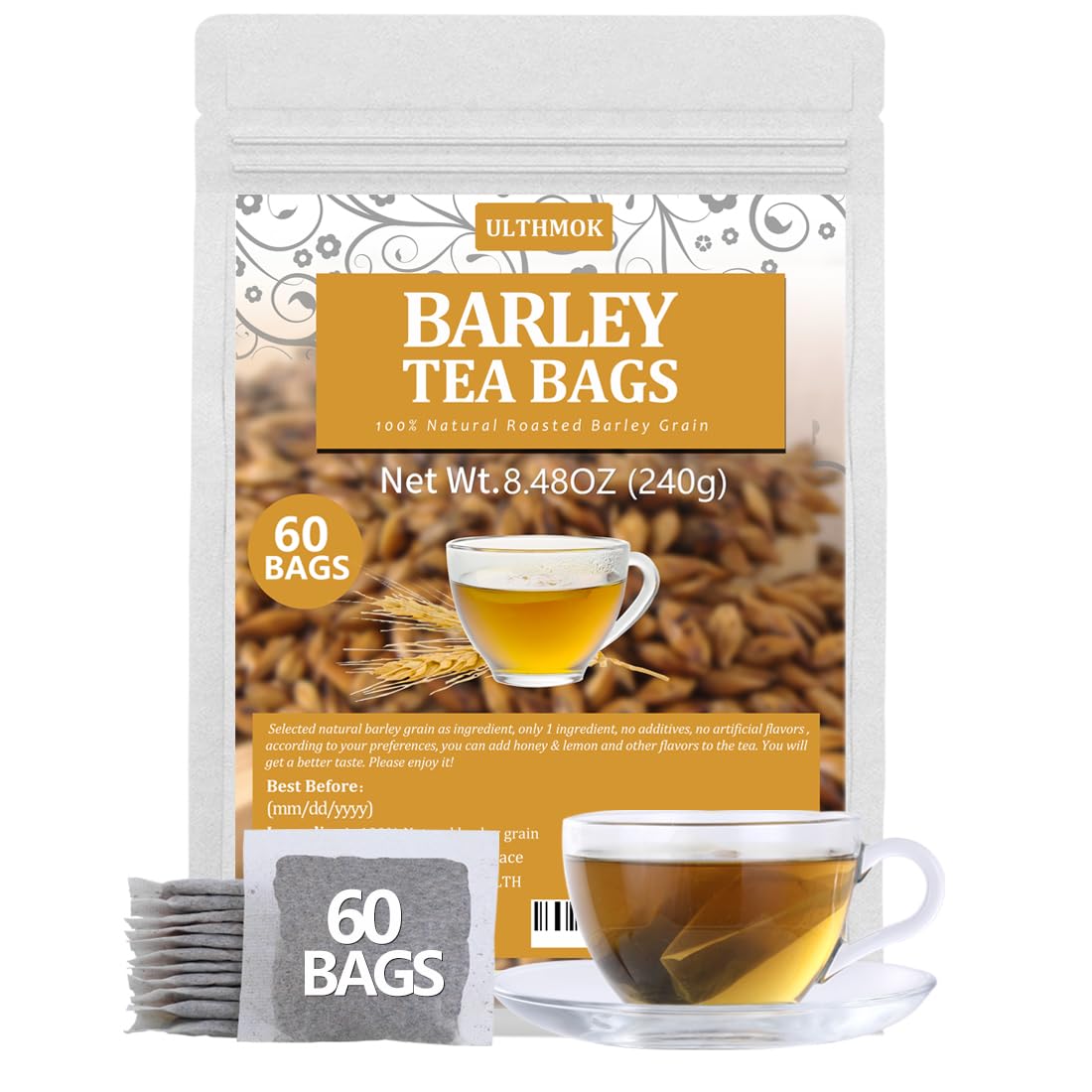 60 Top-Grade Barley Tea Bags  Made With 100% Natural Roasted Barley Grain  Damai Cha - Digestion Support & Rich In Nutrition  No Additives & Energy Blend Free.