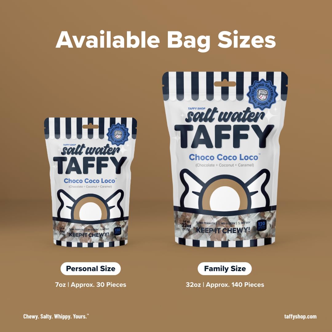 Taffy Shop Choco Coco Loco, Chocolate, Coconut, Caramel Salt Water Taffy - Gourmet Soft Chewy Candy, Bulk Sweet Snack, Fresh Gift & Gluten-Free, 140 Individually Wrapped Pieces (32Oz)