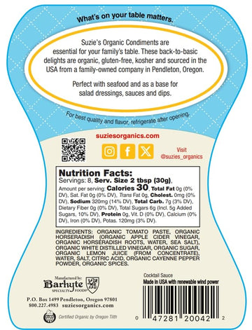 SUZIES Organic Cocktail Sauce, 8 Fl Oz - No Artificial Ingredients, Gluten-Free, Perfect for Dipping and Cooking