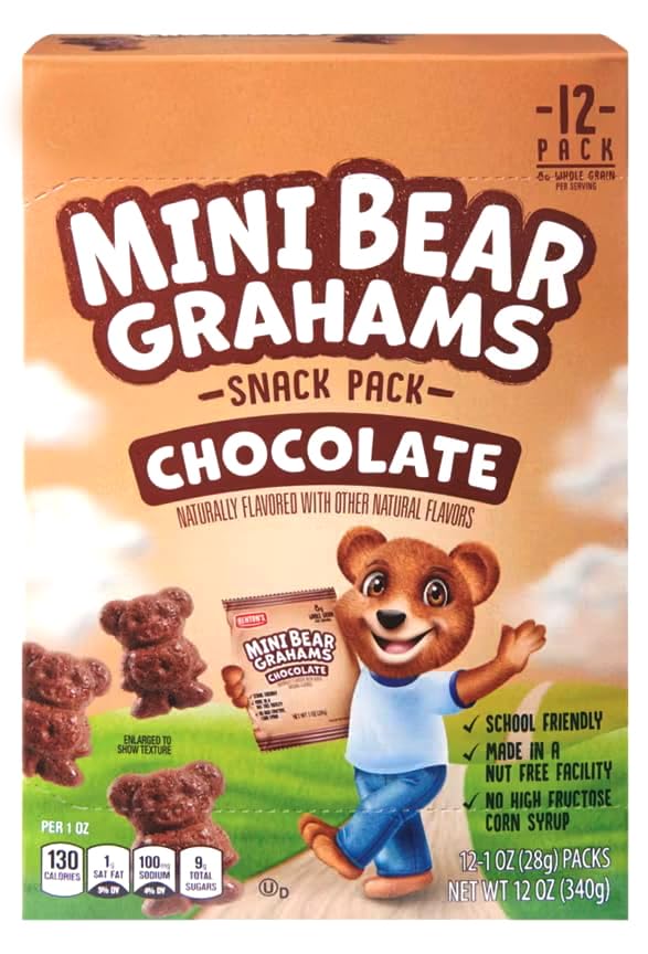 Benton Mini Bear Chocolate Grahams Snack Pack Animal Cracker Cookies, On the Go, 12 Pouches, 1 oz Per Box, School Friendly, Nut 