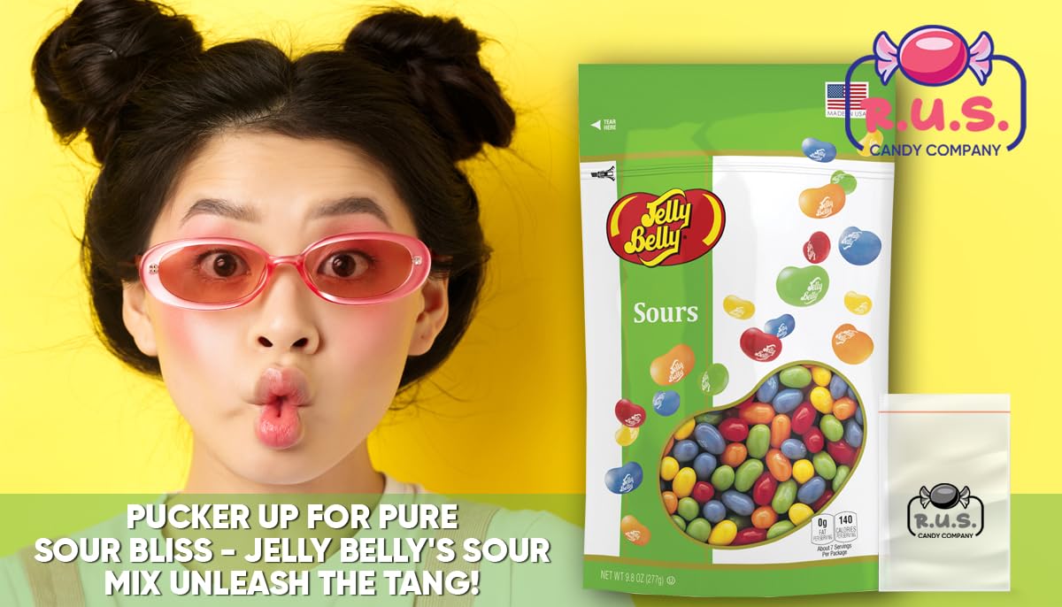 Jelly Belly Sours Mix Jelly Bean - 9.8Oz Bag With R.U.S. Candy Pocket Size Travel Bag + 3 R.U.S. Candy Cards (Sours)