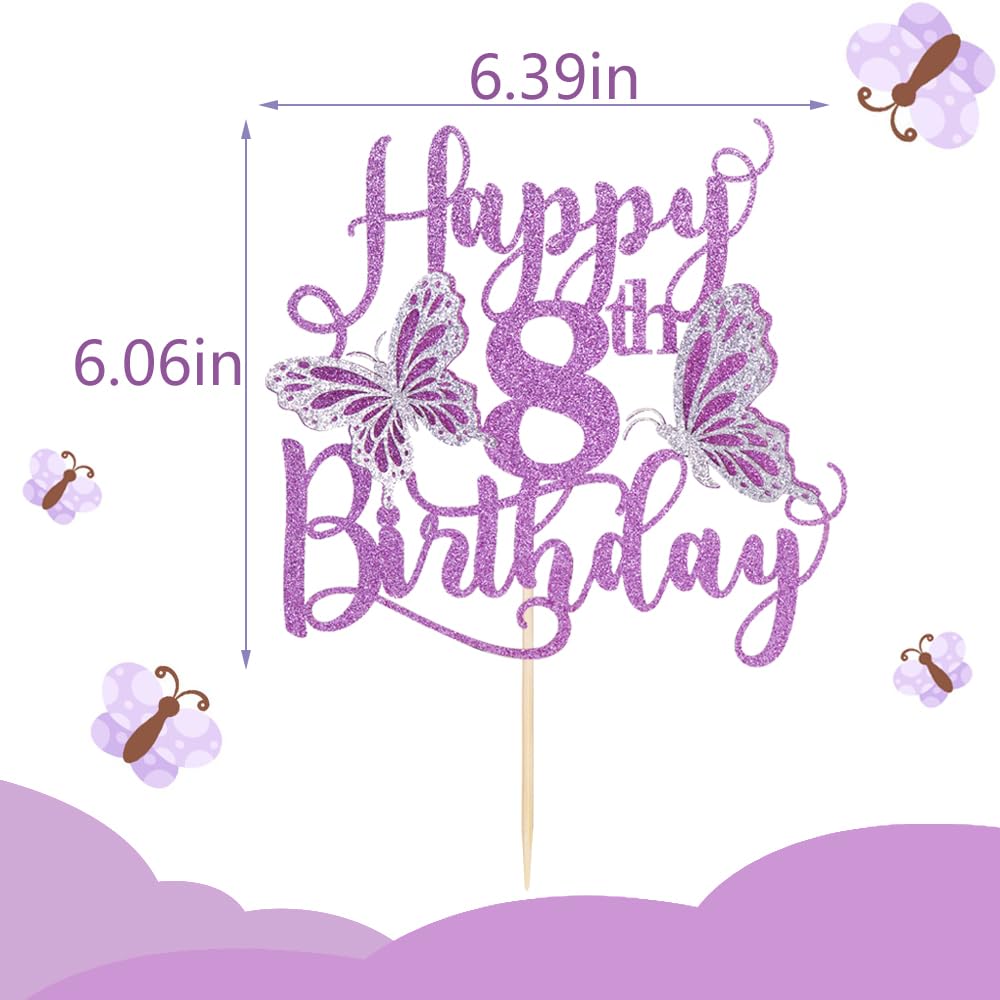 Kaoenla 3D Butterfly Cake Topper, Glitter Theme, 6.3x6 inches, Purple, Happy 8th Birthday Party Decor