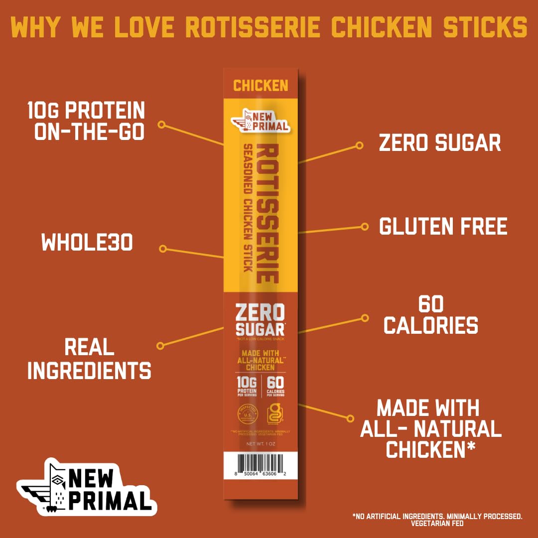 New Primal Rotisserie Chicken Sticks  Zero Sugar High Protein Snack  Gluten Free Whole30 Healthy Snacks  Keto and Paleo Friendly  Jerky Meat Stick  10g Protein  5 Count