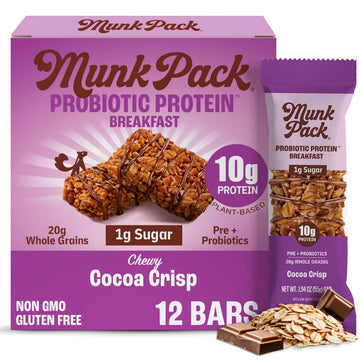 Munk Pack Probiotic Protein Bars - Cocoa Crisp, 10g Protein, 1g Sugar, Gluten-Free, 12 Count