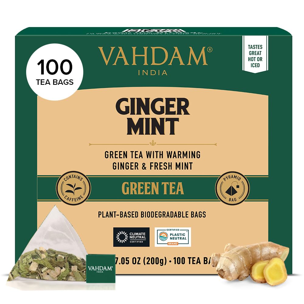 Vahdam, Ginger Mint Green Tea Bags (100 Count) High Grown Green Tea With Raw Ginger | Medium Caffeine | Non Gmo, Gluten Free | Mint Tea Bags | Resealable Ziplock Pouch