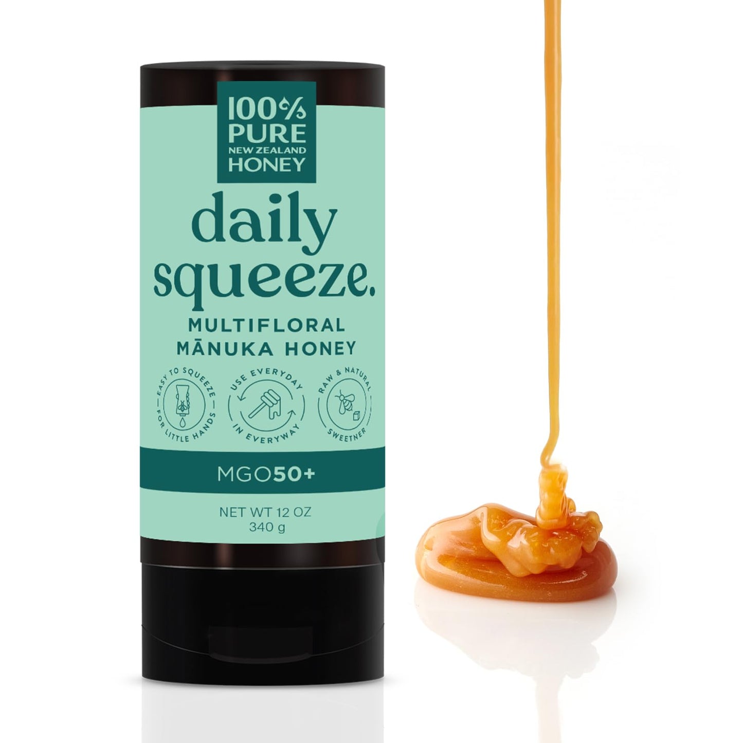 Manuka Honey New Zealand - MGO 50+ Multifloral 100% Pure New Zealand Manuka Squeezy Honey, Raw Manuka Honey, 12 Ounce