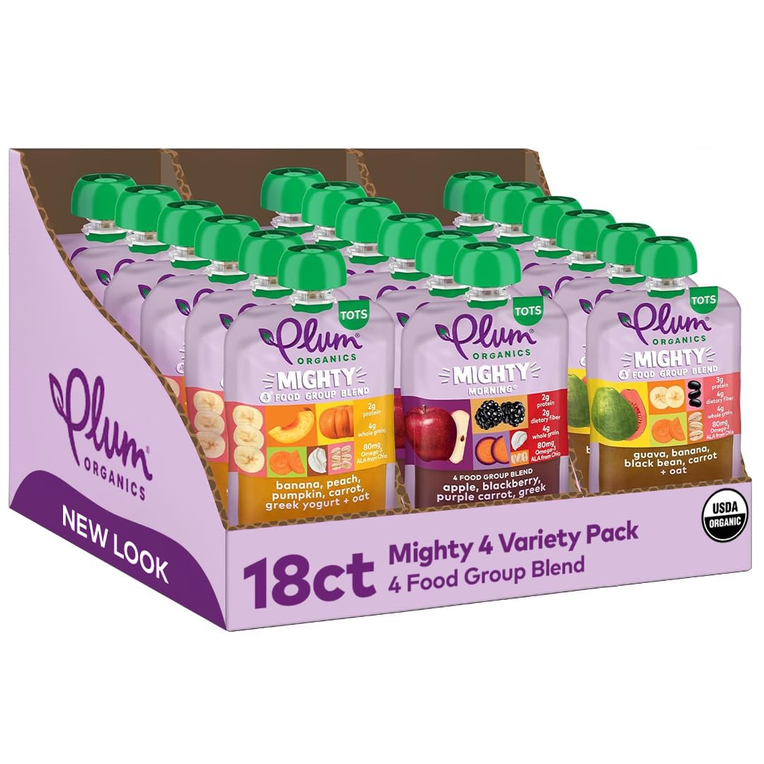 Plum Organics Mighty 4 Organic Toddler Food - 4 Food Group Blend Variety Pack - 4 Oz Pouch (Pack Of 18) - Organic Fruit And Vege