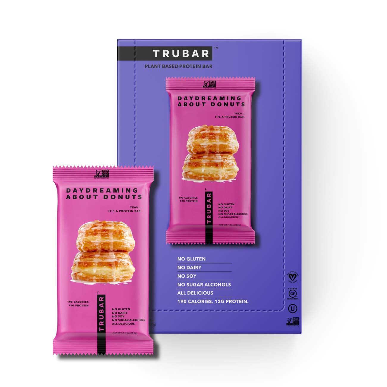 Truwomen Trubar Plant Fueled Protein Bars Daydreaming About Donuts (12 Count)  Non-Gmo Vegan Gluten Free Kosher Soy Free Dairy F