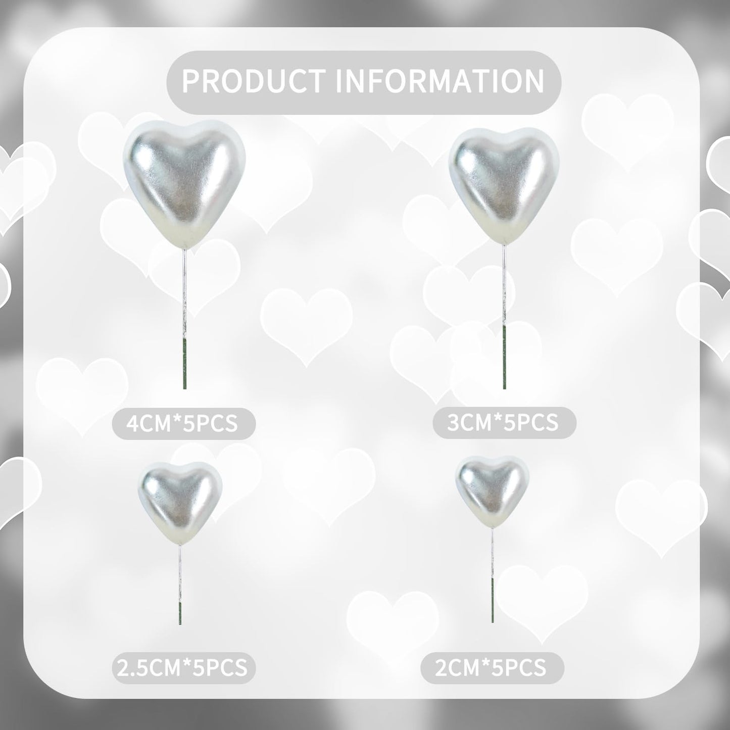 Beishida 20 Pcs Silver Heart Cake Toppers 3D Heart Cake Toppers Foam Toppers Cake Decoration Happy Birthday Cake Diy Cake Insert