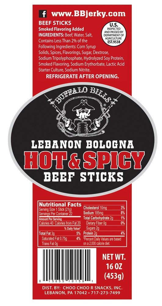 Buffalo Bills Hot & Spicy Lebanon Bologna Sticks, 16 Ounces, Pennsylvania Dutch Beef Snack