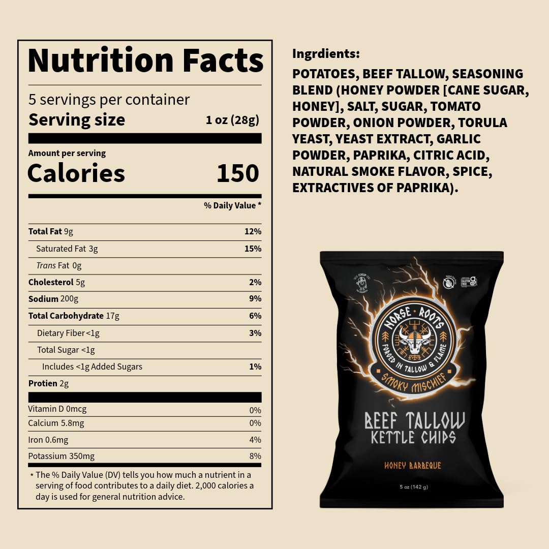 Norse Roots Beef Tallow Kettle Chips Variety Pack - 6 Flavors (Sea Salt  Honey BBQ  Rosemary Steak  Cheddar & Sour Cream  Spicy All Seasoned  Salt & Pepper) - Seed Oil Free  Gluten Free  6 Pack  5 oz Bags