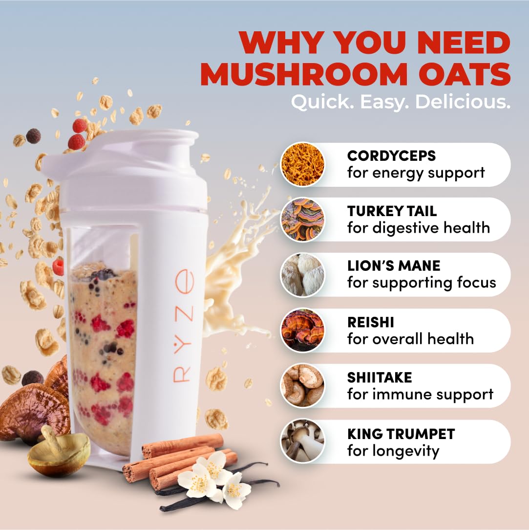 Ryze Mushroom Overnight Oats, Oatmeal With 6 Adaptogenic Mushrooms And 20G Grass-Fed Whey Protein & Chia Seeds, Turkey Tail, Shi