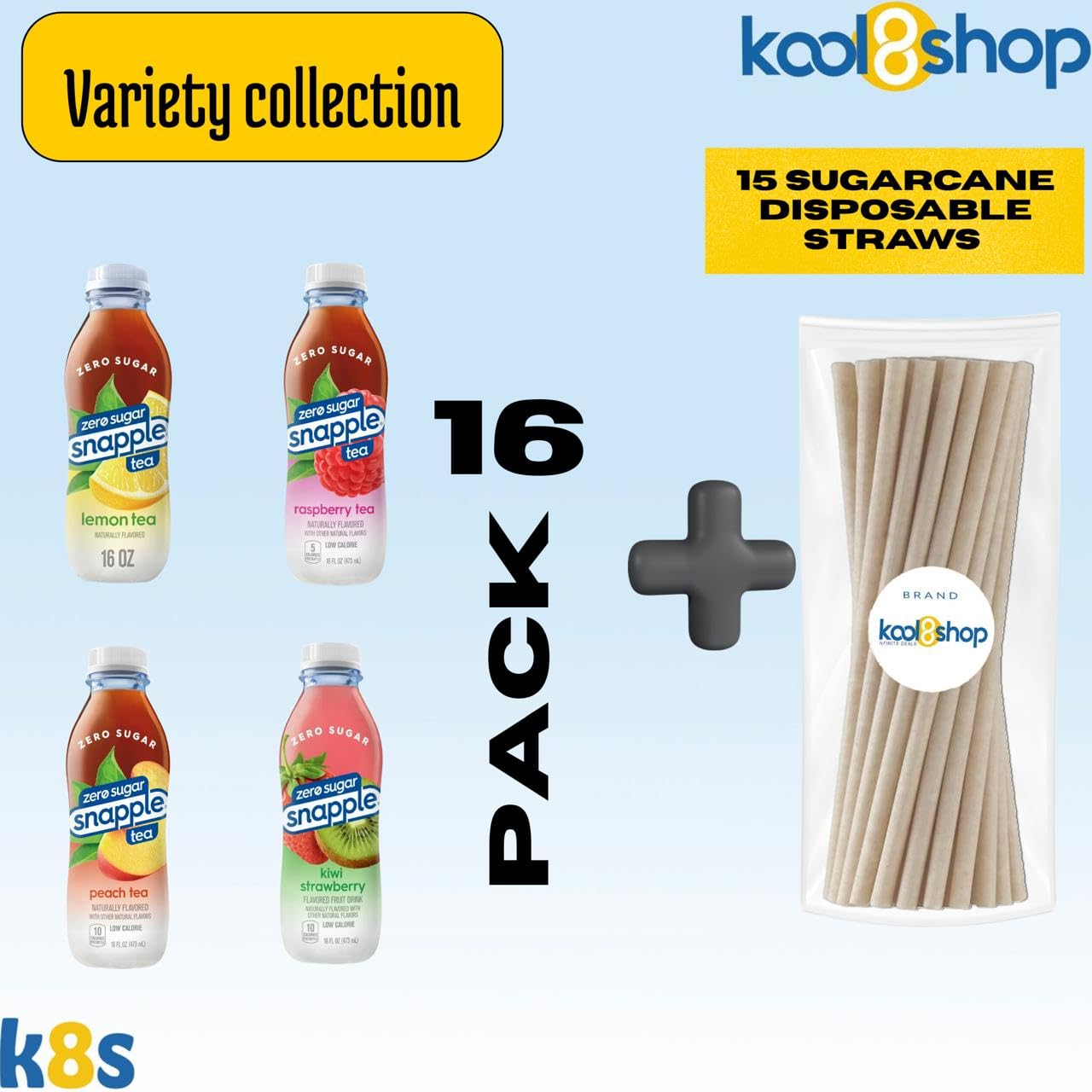 Snapple Zero Sugar Variety Collection All Natural Iced Tea 16 Fl Oz Plastic Bottles 16 Pack + 15 Sugarcane Disposable Straws By