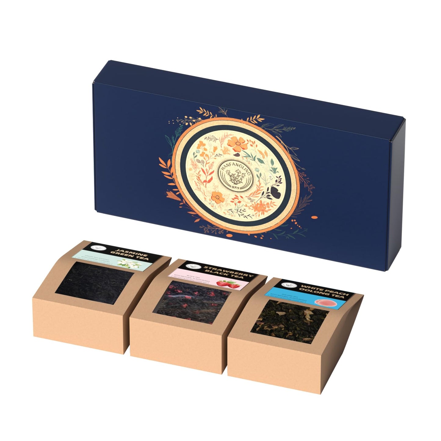 Hanfangling Tea Gift Box, White Peach Oolong Tea, Jasmine Green Tea, Strawberry Black Tea, Three Fruit Tea Combinations, Beautifully Gift Boxed, Perfect As A Gift For Tea Love