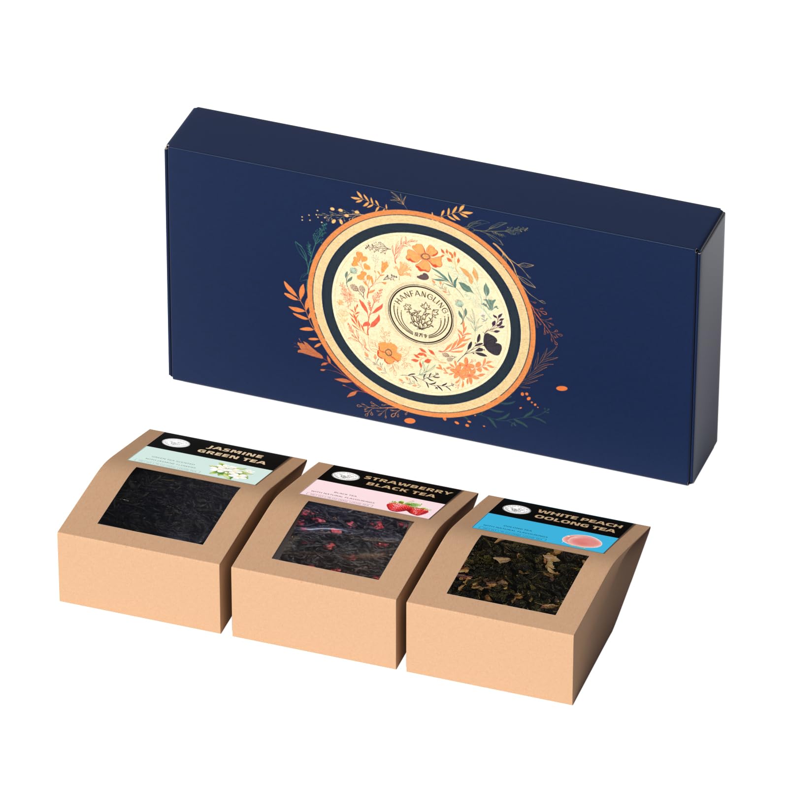 Hanfangling Tea Gift Box, White Peach Oolong Tea, Jasmine Green Tea, Strawberry Black Tea, Three Fruit Tea Combinations, Beautifully Gift Boxed, Perfect As A Gift For Tea Love