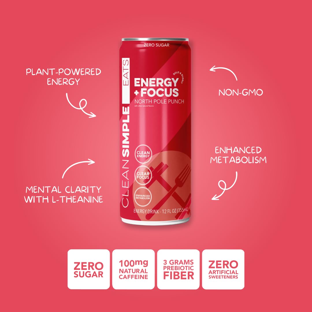 Clean Simple Eats Energy Drink, 100 Mg Organic Caffeine, Zero Sugar, North Pole Punch Flavor, 12 Oz Cans, 12 Pack