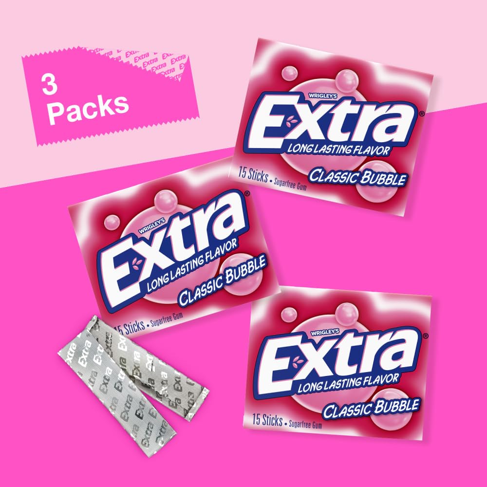 EXTRA Classic Bubble Sugar Free Chewing Gum  15 Sticks (3 Pack)