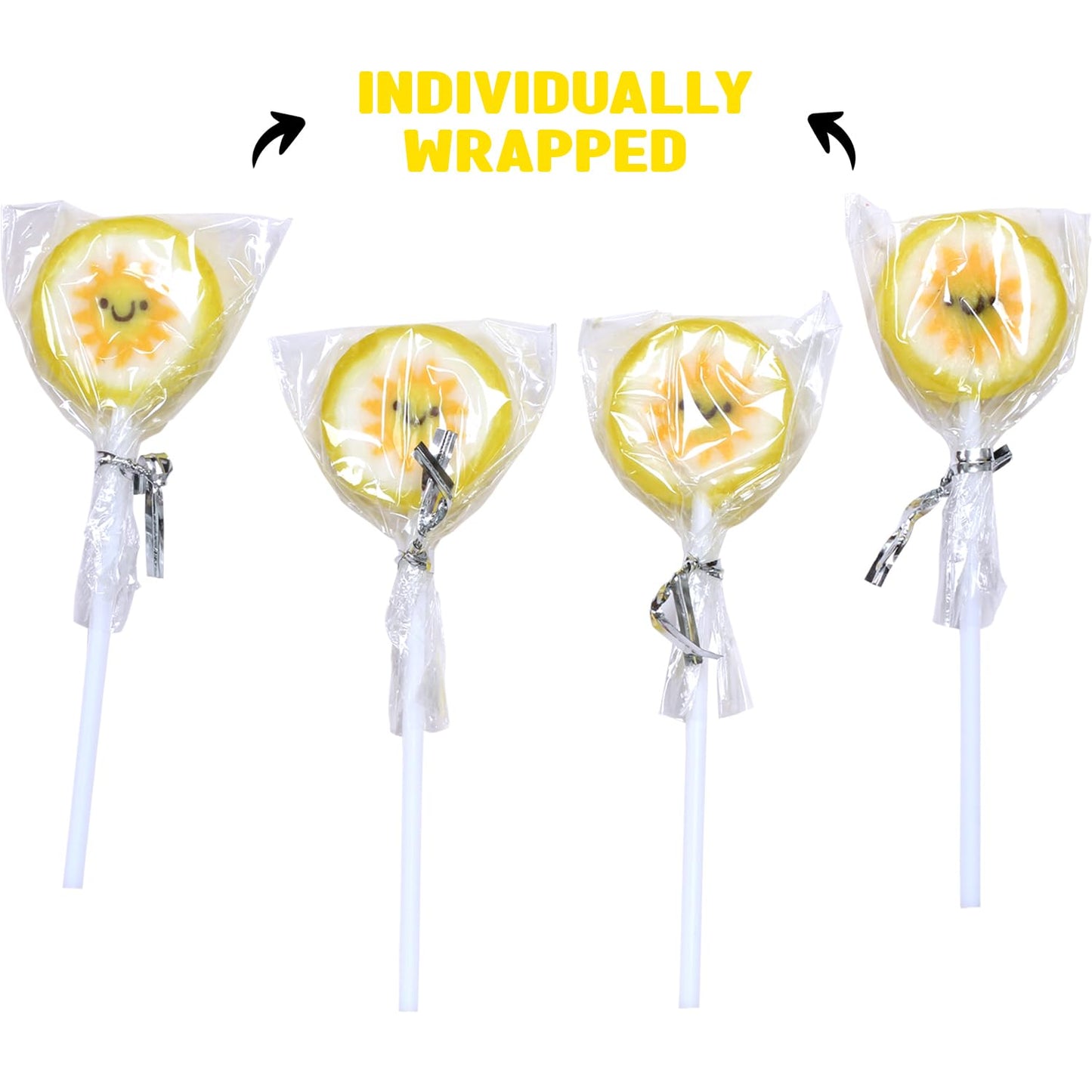 Sun Candy Lollipops - 30 Count Individually Wrapped Suckers Bulk - Cute Fun Summer Themed Yellow Candy Favors - Beach Theme Part