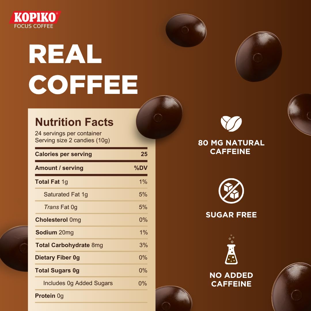 Kopiko Focus Coffee Candy - Have 80mg Caffeine per 2 Pieces for Energy & Mental Focus - Sugar-Free Hard Candy with Real Indonesian Coffee Extract (6 Pack w/4 Candies Each)