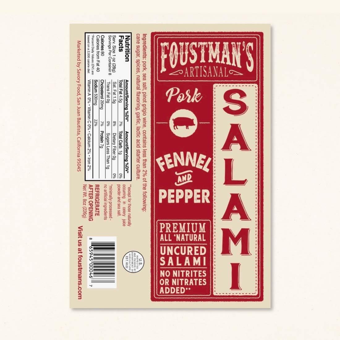 Foustmans Salami Fennel and Pepper Pork Artisanal, Nitrate-Free, Naturally Cured, Gluten-Free, Dairy-Free, 8 Oz Sticks