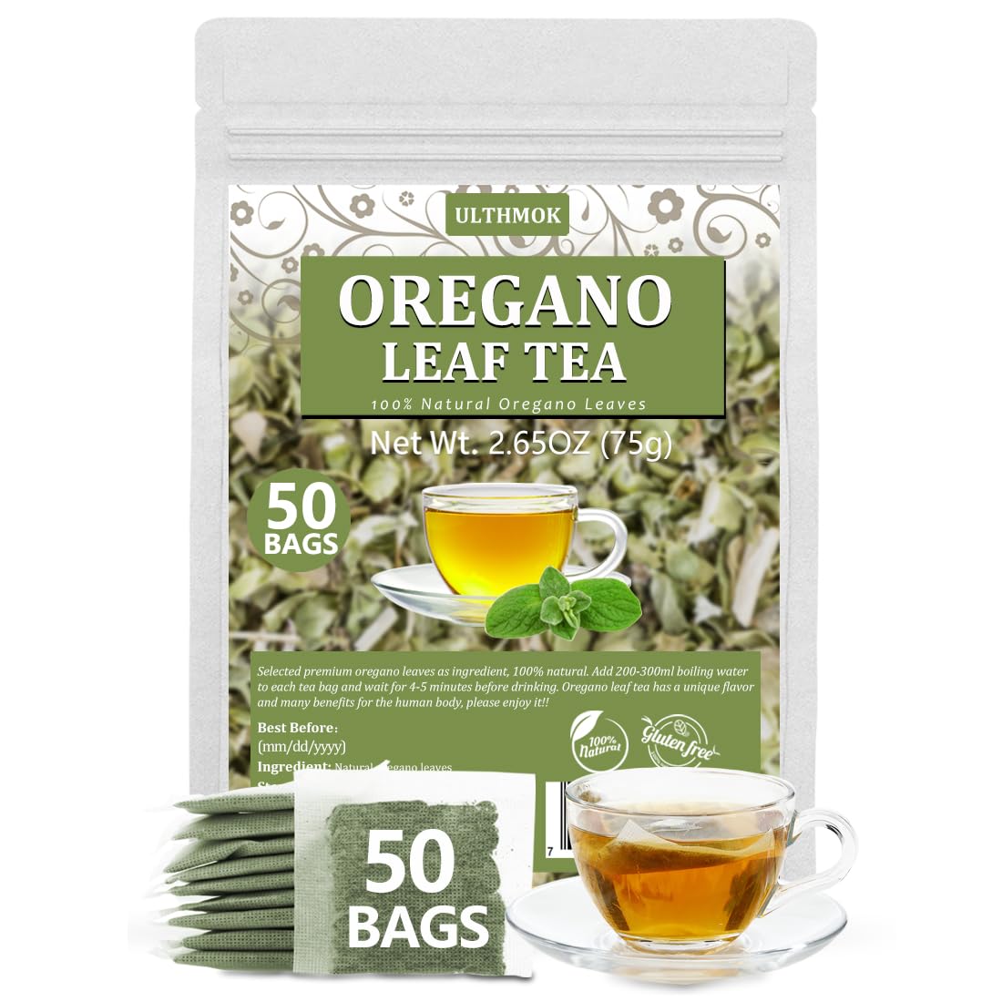 ULTHMOK Oregano Tea Bags, 100% Natural Leaves, Caffeine Free, 50 Count