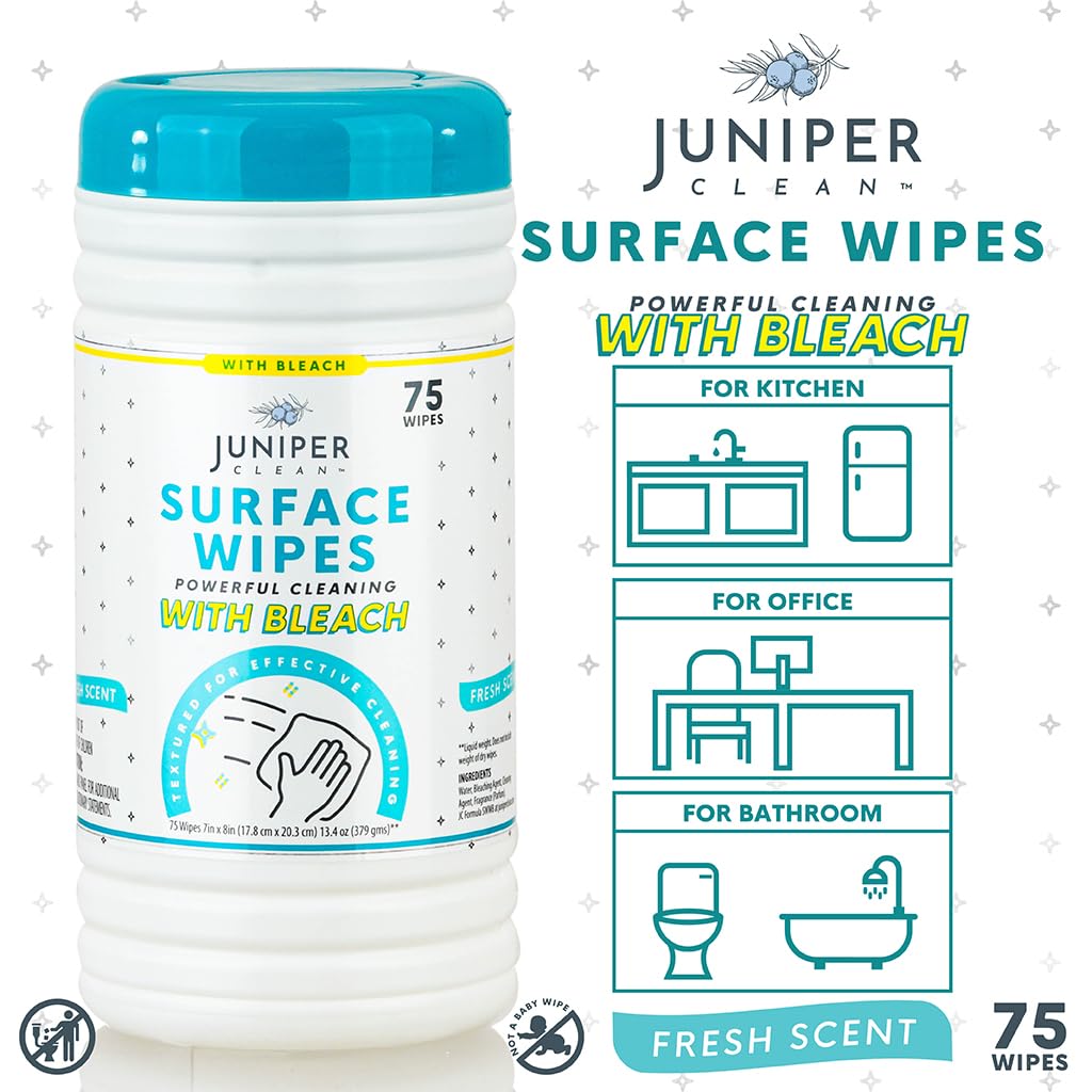 Juniper Clean 1 Pack Surface Cleaning Wipes With Bleach, All-Purpose Cleaner For Bathroom, Kitchen, Office, 75 Count Canister, F