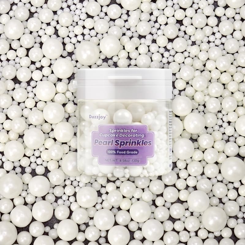 Dazzjoy Edible White Pearl Sugar Sprinkles, White Pearls For Cake Decorating, 130G/4.58Oz, Candy Baking Cake Decorations, Cupcak