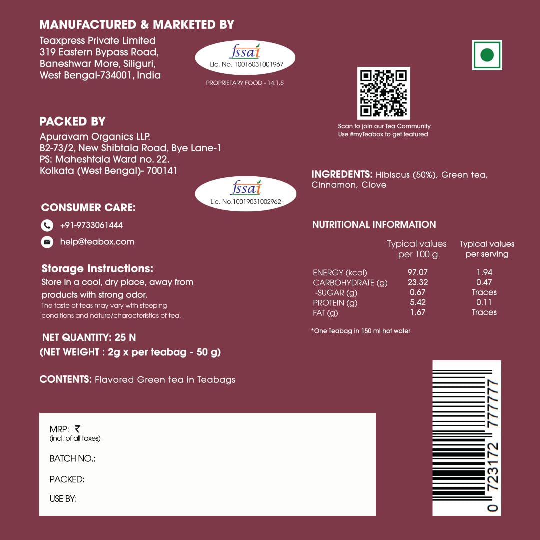 Teabox Enhanced Darjeeling Green Tea With Dried Hibiscus | 100% Whole Leaf & 0% Bitterness | Green Tea From The Himalayas | 25 Tea Bags (Low Caffeine)