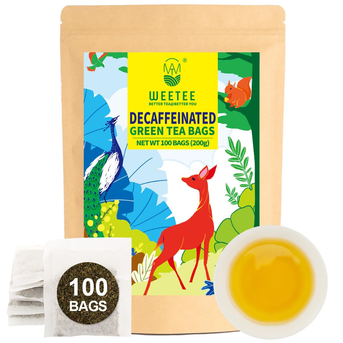 WT WEETEE Decaf Green Tea Bags, 100 Count CO2-Decaffeinated Green Tea, Drink All Day | Super Antioxidant | Resealable Kraft Bag