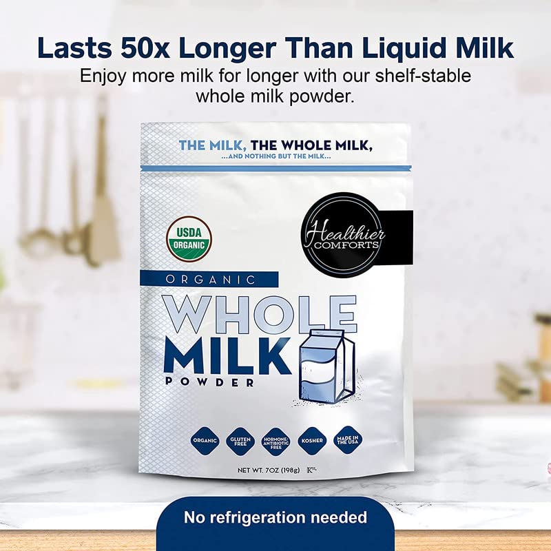 Healthier Comforts Organic Whole Milk Powder, Certified USDA Organic, Gluten Free, Non-GMO, 7oz Resealable Packaging