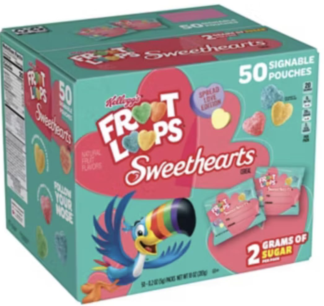 Valentine'S Day Gift For Kids- Froote Loopes Sweethearts Cereal Snacks 50 Pouches Individually Wrapped - Perfect For Classroom E