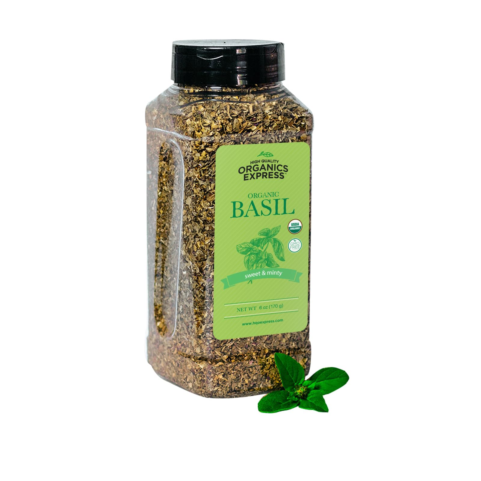 HQOExpress Organic Basil Medium Cut - Non GMO, Kosher, USDA Certified Organic Basil Leaves, Dried and Ground - Peppery and Aroma