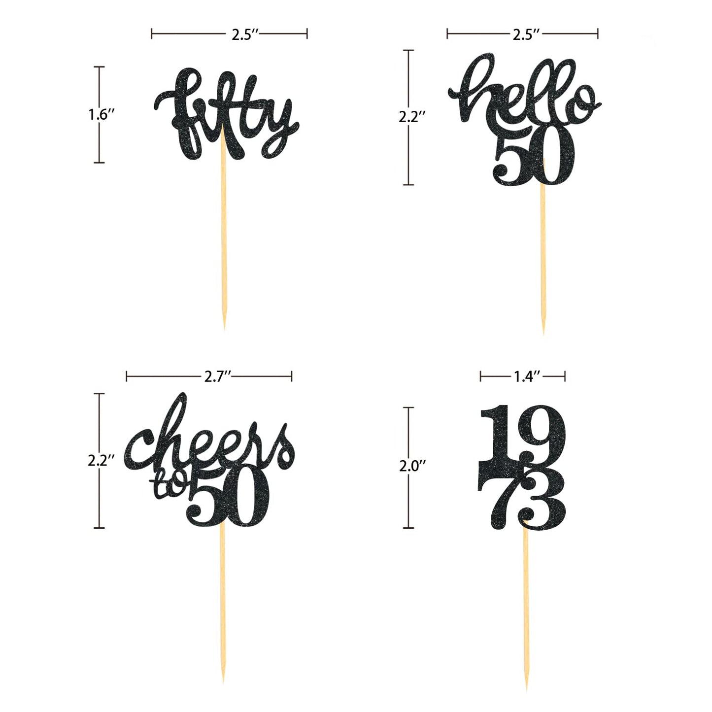 24 Pcs Glitter 50Th Birthday Cupcake Toppers For Celebrating Fifty Years Old Birthday Party Decorations (Black)