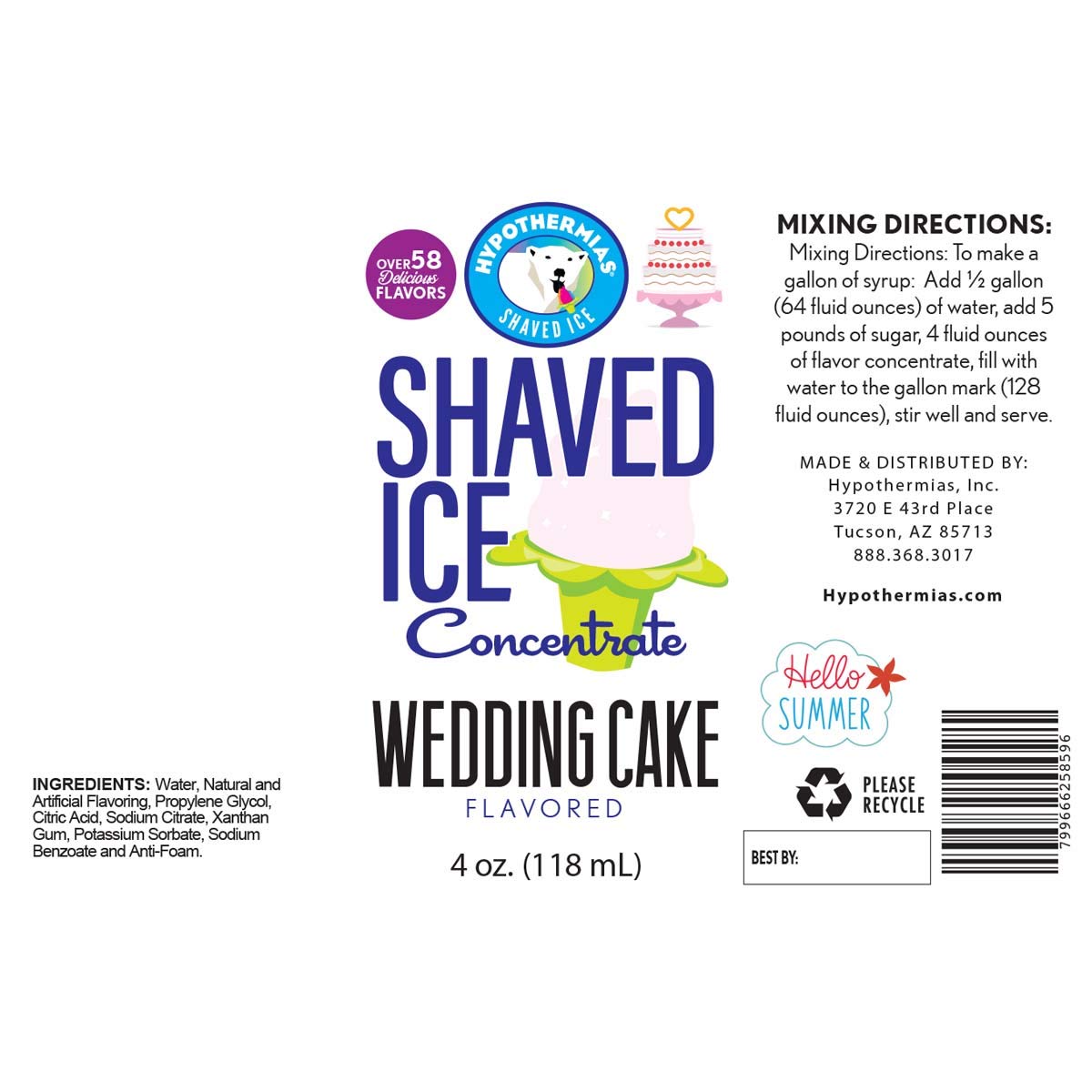 Hypothermias Shaved Ice And Snow Cone Syrup Unsweetened Flavor Concentrate - 4 Fl Oz - Makes 1 Gallon Of Ready To Use Syrup - We