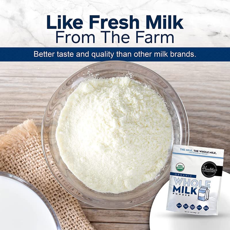 Healthier Comforts Organic Whole Milk Powder, Certified USDA Organic, Gluten Free, Non-GMO, 7oz Resealable Packaging