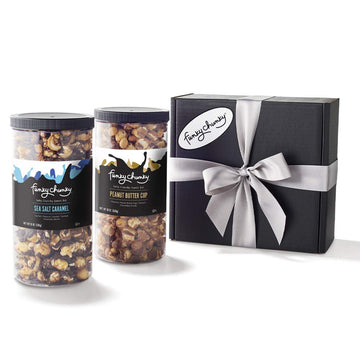 Funky Chunky Gourmet Popcorn, Chocolatey Popcorn, Pretzel, And Nutty Mixes, Gift Set, Sea Salt Caramel & Peanut Butter Cup Popcorn, 19-Ounce Canisters (Pack Of 2)