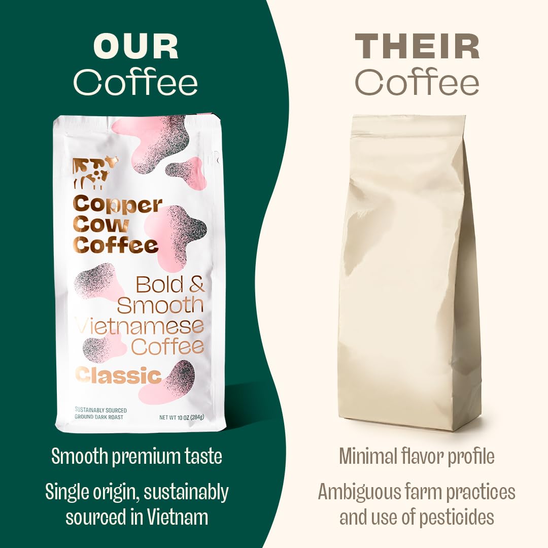 Copper Cow Premium Vietnamese Ground Coffee | Classic Black | Dark Roast | Universal Grind | 10 Oz