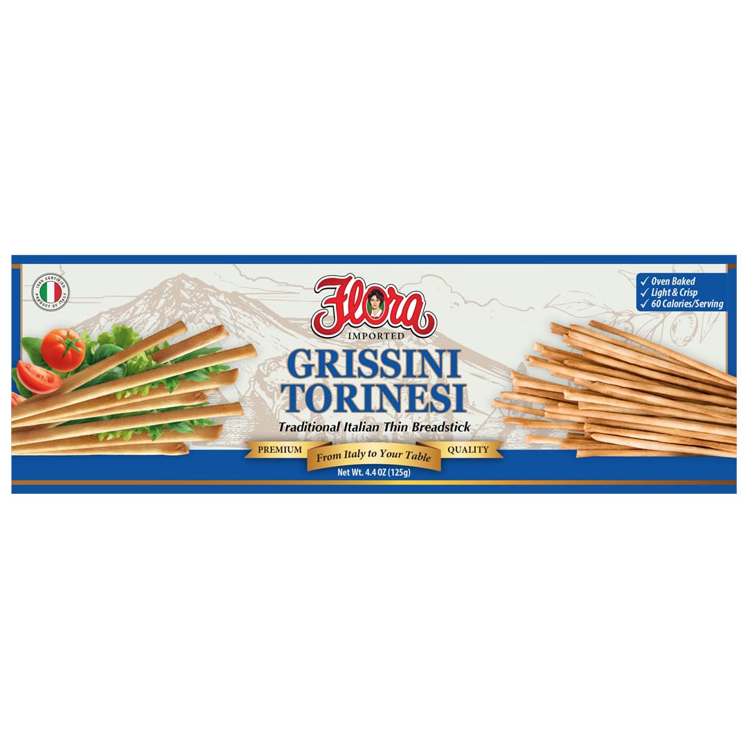 Flora Fine Foods Grissini Torinesi Traditional Italian Breadsticks, Oven-Baked, 4.4 oz (125g)
