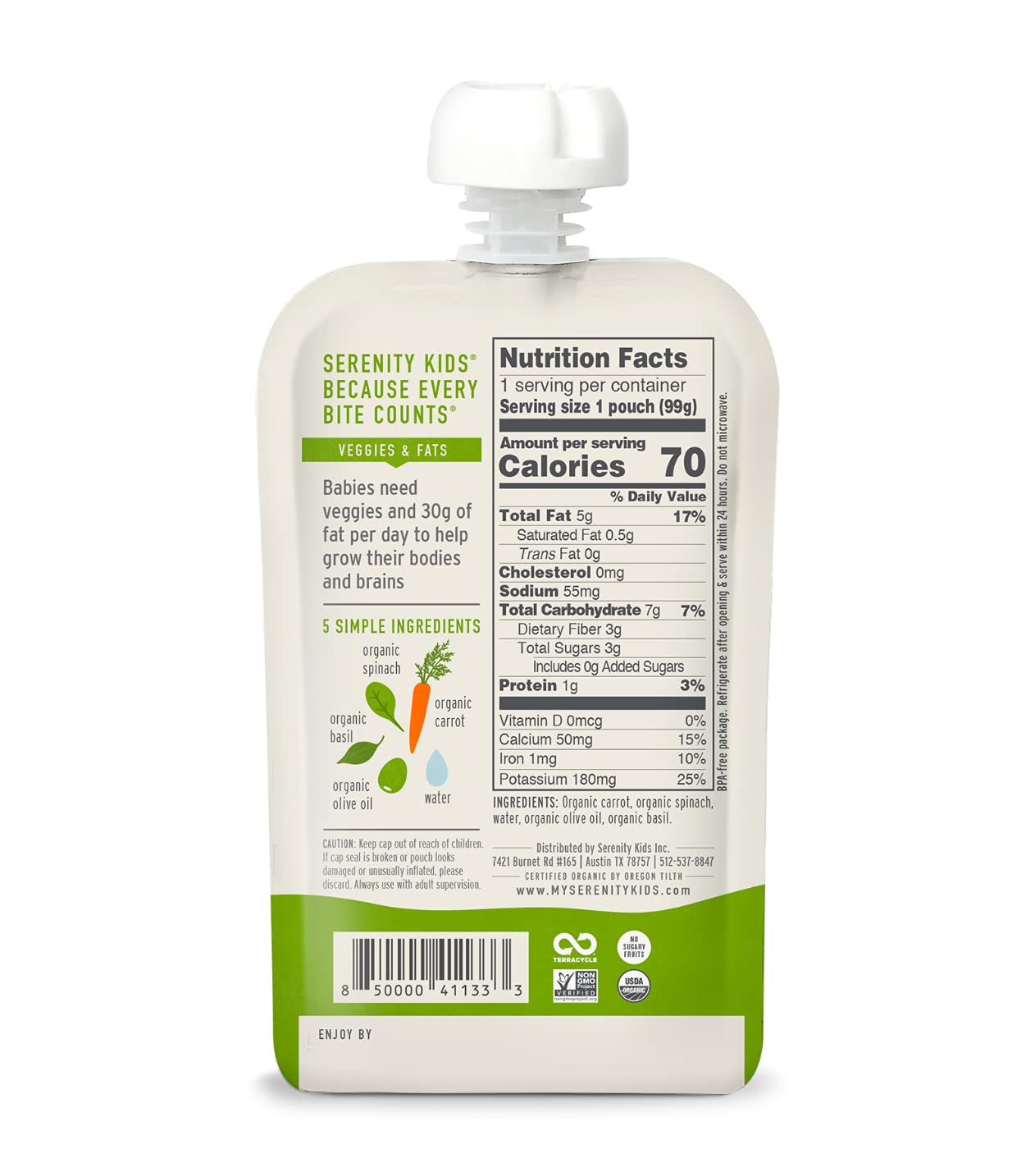 Serenity Kids 6+ Months Veggie Puree Baby Food Pouches - Carrot, Spinach & Basil - Usda Organic Baby Food & Allergen Free - No Added Sugar & Bpa Free - 3.5 Oz, 12 Pack