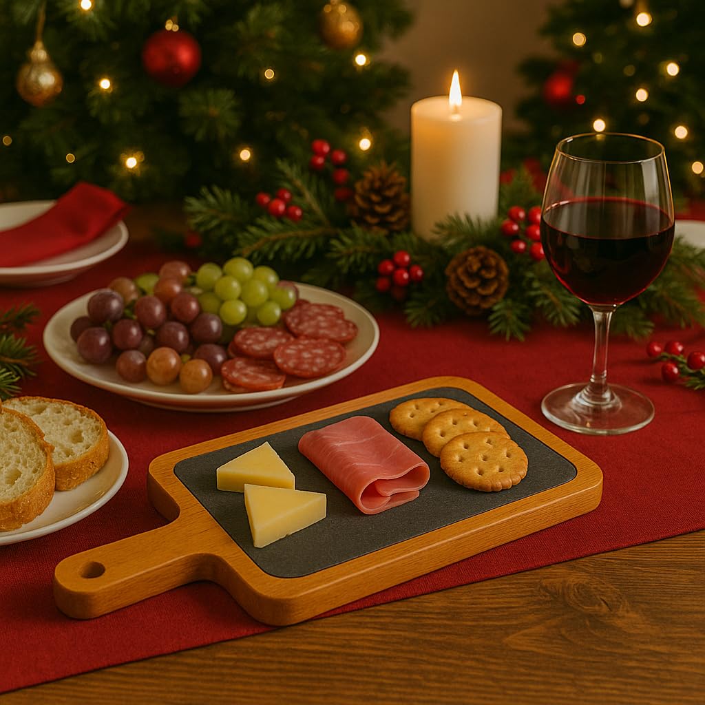 Creative Home Slate And Pine Wood Serving Board With Handle 14.4 X 6.5 | Paddle Cheese Board For Rustic Charcuterie, Tapas, Dessert, Sushi Tray | Unique Kitchen Gift For Hosts